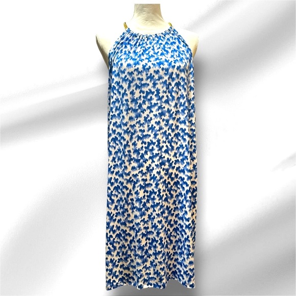 MICHAEL KORS TWILIGHT BLUE GOLD CHAIN HALTER DRESS - Picture 1 of 9